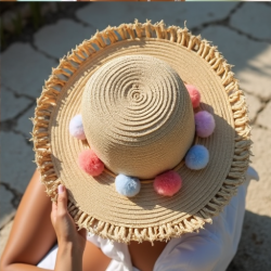 Chic Summer Breeze Pom Pom Straw Hat
