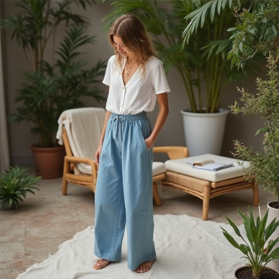 Chic Breeze Chambray Wide-Leg Pants